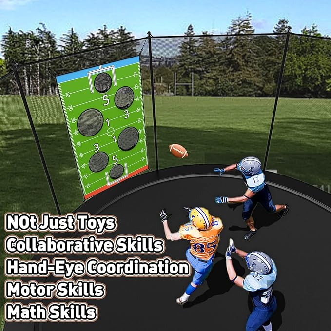 jumpfly Trampoline Football Game Accessories, Toss Throwing Target Net Fits 8 FT/10 FT/12 FT/14 FT Recreational Trampolines with Two Footballs - Trampoline Indoor Outdoor Party Games for Kids-BubblyBeeBaby