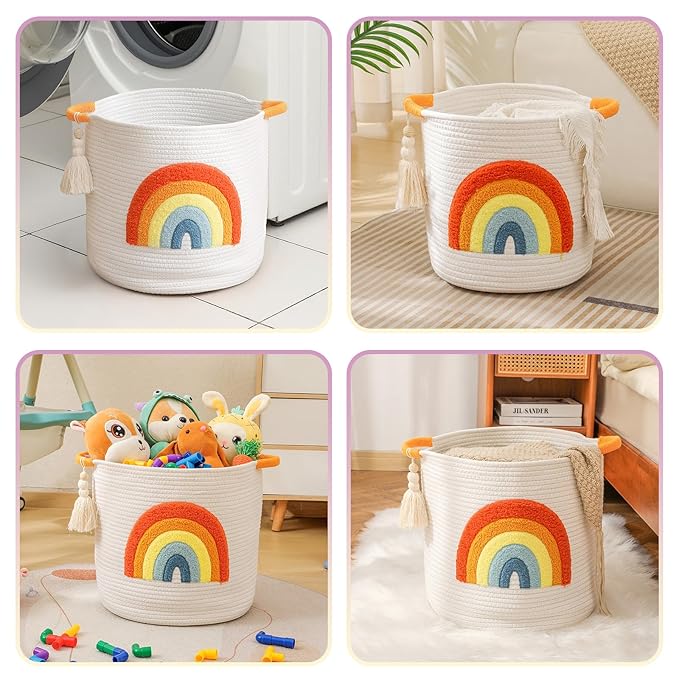INough Toy Storage Baskets Woven Cotton Rope Storage Basket Kids Blanket Baskets for Living Room, Toys Organizer with Embroidery Colorful Rainbow Decor, Baby Basket for Laundry Nursery (Boho Rainbow)-BubblyBeeBaby