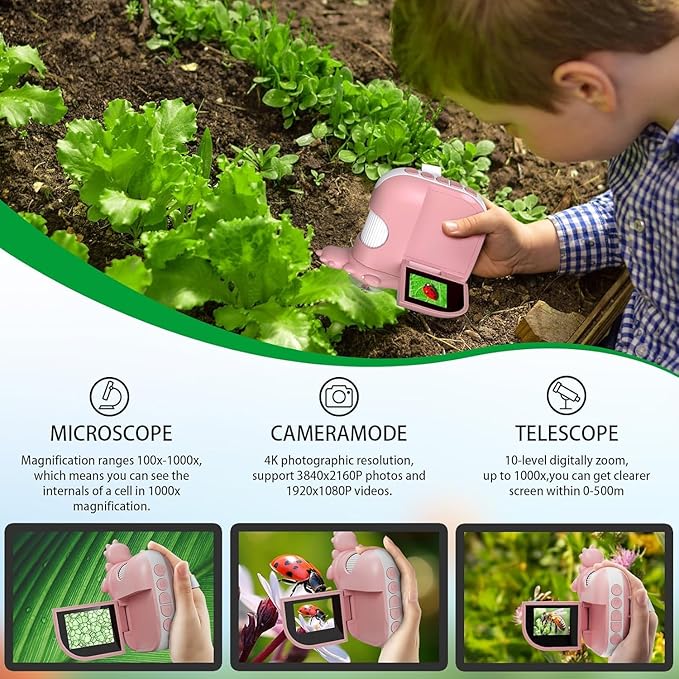 Kids 1000X Handheld Portable Microscope With 8 Adjustable LED Lights, 2-Inch LCD Screen Pocket Mini Telescope for Kids Toddlers - Education Christmas Birthday Gifts Toys-BubblyBeeBaby