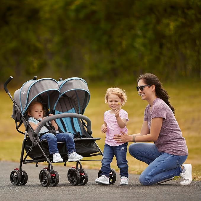 Dream On Me Volgo Twin Umbrella Stroller in Blue, Lightweight Double Stroller for Infant & Toddler, Compact Easy Fold, Large Storage Basket, Large and Adjustable Canopy-BubblyBeeBaby