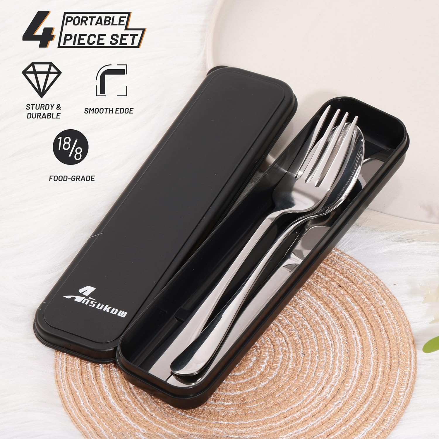 4 Picec Travel Utensils Camping utensils Travel Silverware Set with Case Fork and Spoon Set Office Stainless Steel Reusable Trip Cutlery Set Easy to journey Lightweight Lunch Box for Men