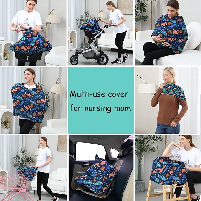 Car Seat Covers for Babies - Multi-use Carseat Canopy Cover Breastfeeding Covers, Stroller Canopy Cover (Navy Dinosaur)-BubblyBeeBaby