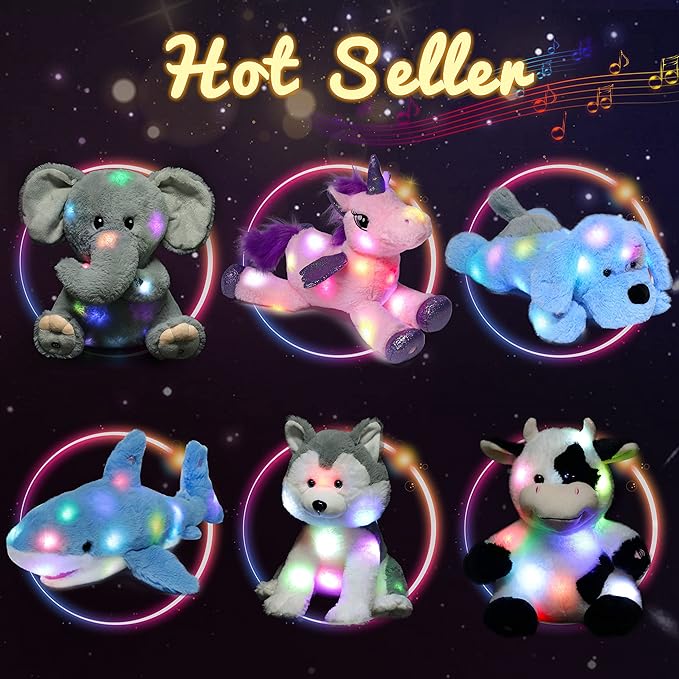 Hopearl LED Musical Stuffed Puppy Lighting Up Singing Plush Dog Adjustable Volume Lullaby Animated Soothe Birthday Festival for Kids Toddler Girls, Blue, 17''-BubblyBeeBaby