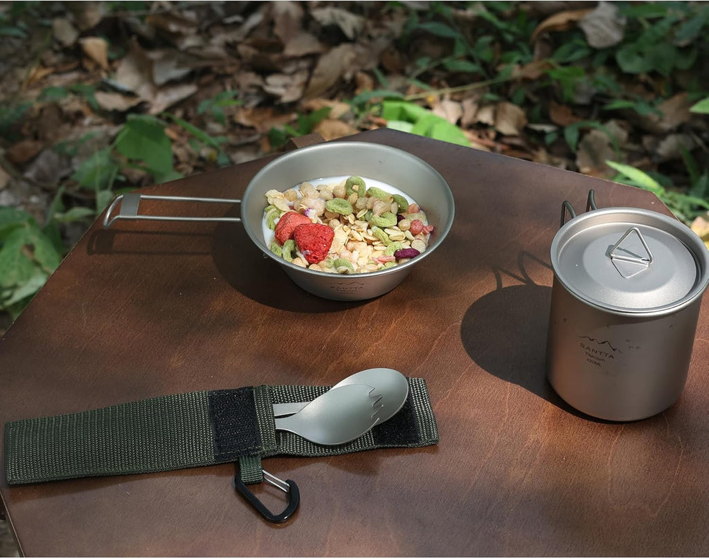 SANTTA Titanium Camping Spoon Set of 2 Piece, Spoon and Bottle Opener 2-in-1 Design, Lightweight Ti Utensils with a Pouch and Carabiner for Outdoor Camping Backpacking Hiking and Travel