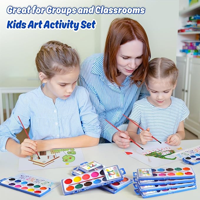 12 Packs Watercolor Paint Set Bulk, 12 Vibrant Colors Washable Watercolors with Brushes for Kids, Art Activities Painting Supplies for School Classroom Home-BubblyBeeBaby