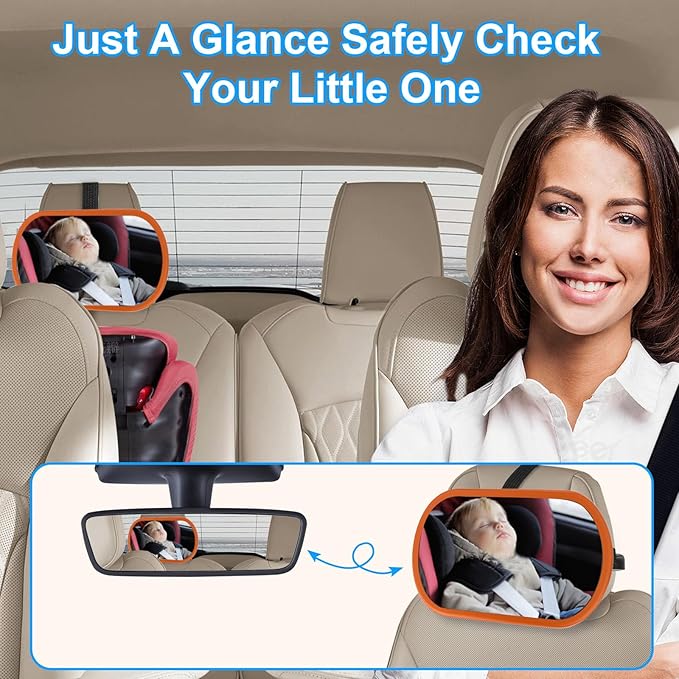Baby Car Mirror, Safety Car Seat Mirror for Rear Facing Infant, Clear Wide View, 360°Rotation, Easily Observe the Baby Move, Secure, Shatterproof, Crash Tested and Certified(Orange)-BubblyBeeBaby