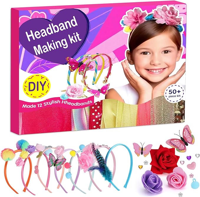Headband Making Kit for Girls, DIY Hair Accessories Craft Set Make 12+ Fashion Headbands for Kids 5-12, Art Supplies with Ribbons & Charms, 5 Year Old Girl Birthday Gift Ideas, Girls Fashion Gift-BubblyBeeBaby