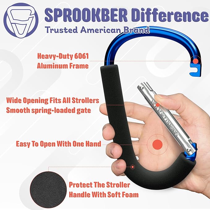 sprookber 6.7 Inch Large Stroller Hooks for Diaper Bags & Purses, Heavy Duty Mommy Hooks for Shopping, Grocery, Backpack – Baby Stroller Accessories, Set of 2 (Bule)-BubblyBeeBaby