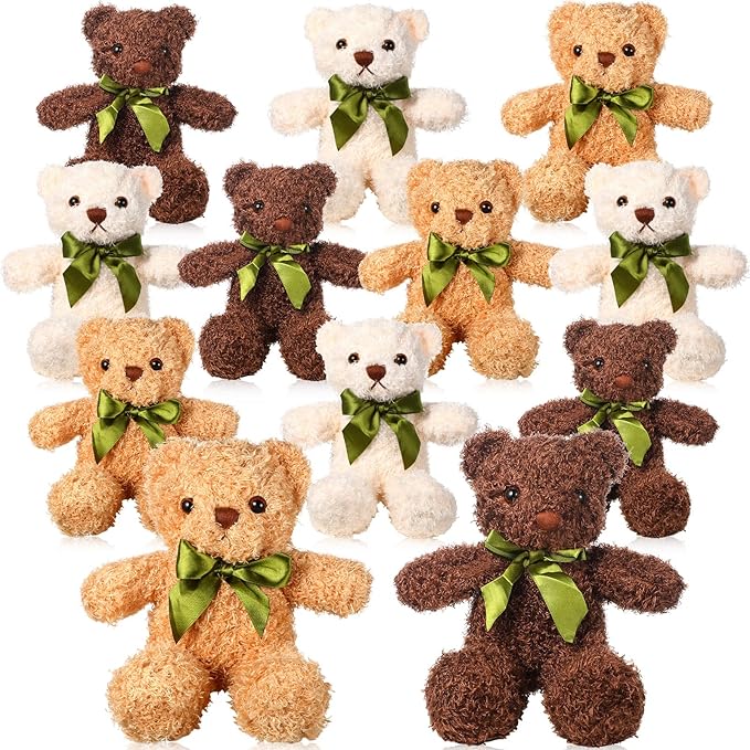 HyDren 12 Pack Bear Stuffed Animals 10 Inch Operation Christmas Bulk Items Small Bear Party Favors Plush Toys for Baby Shower Centerpiece Christmas Birthday Gifts(White, Light Brown, Dark Brown)-BubblyBeeBaby