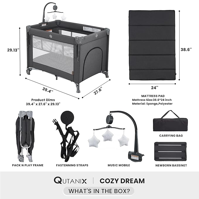 2-in-1 Pack and Play with Mattress,Baby Bassinet Bedside Sleeper, Bedside Bassinet & Baby Playpen, Easy Folding Portable Crib for Newborn to Toddlers (Dark Grey)-BubblyBeeBaby