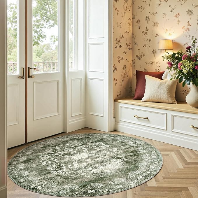 jinchan Round Rug 5ft Area Rug - Green Vintage Floor Mat Kitchen Indoor - Washable Circle 5' Thin Floral Print Carpet Retro Farmhouse Non Slip Dining Room Living Room Bedroom Office-BubblyBeeBaby
