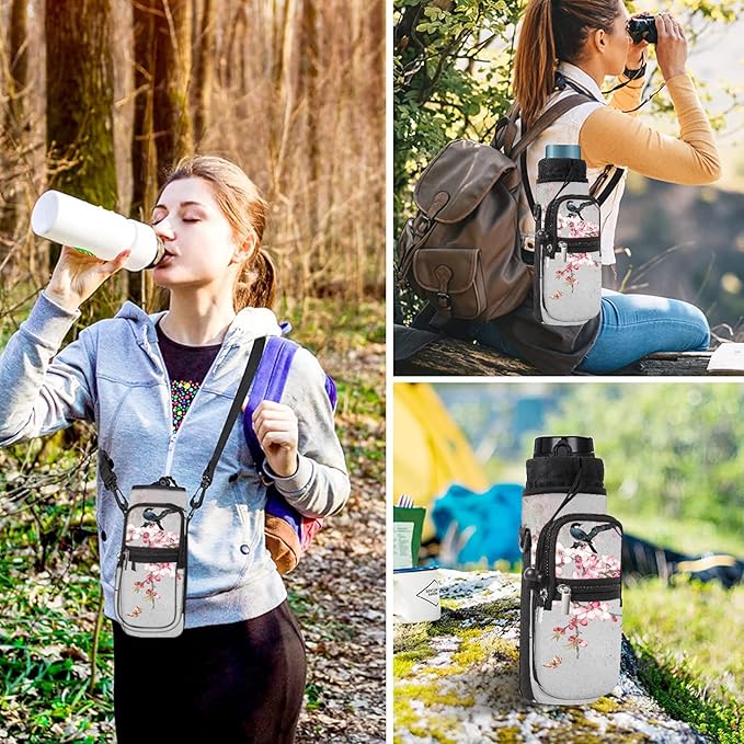 25/32/40/64oz Water Bottle Bag Holder Carrier-Insulated Crossbody Sling Case Sleeve with Strap & Pockets for Men Women Gym Cycling Travel Walking Hiking Camping-BubblyBeeBaby