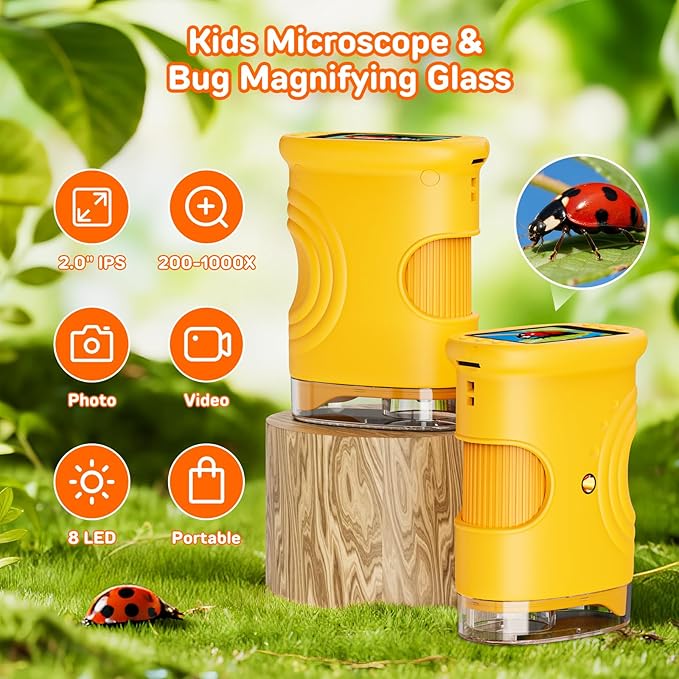 1000X Handheld Digital Microscope for Kids – 2-Inch Screen STEM Toy, Christmas Birthday Gift for Boys & Girls 5-10 Years, Portable Magnification Science Lab Kit-BubblyBeeBaby