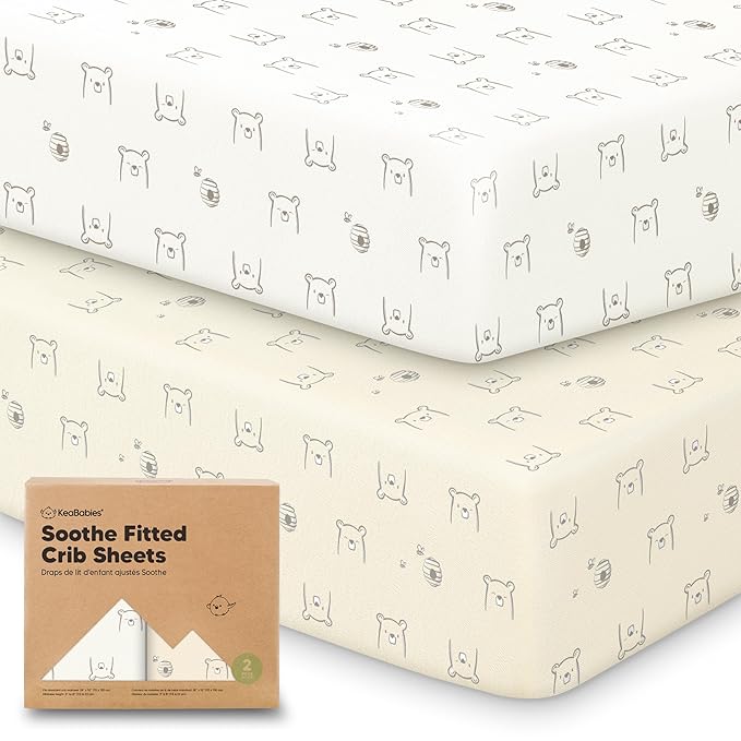 KeaBabies 2-Pack Organic Crib Sheets for Boys, Girls - 52x28 Fitted Crib Mattress Sheet Neutral, Breathable Jersey Cotton Cover for Baby Bed, Toddler Mattress, Soft & Cute Prints (Bumble Bear)-BubblyBeeBaby