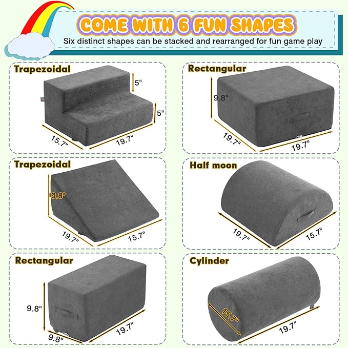 jela Foam Blocks 6Pcs Soft Play Equipment Luxury Miss Fabric, Toddler Climbing Toys Indoor Soft Play Climbing for Toddlers, Lightweight Climbing Blocks for Babies, Kids, Climb and Crawl Foam Playset-BubblyBeeBaby