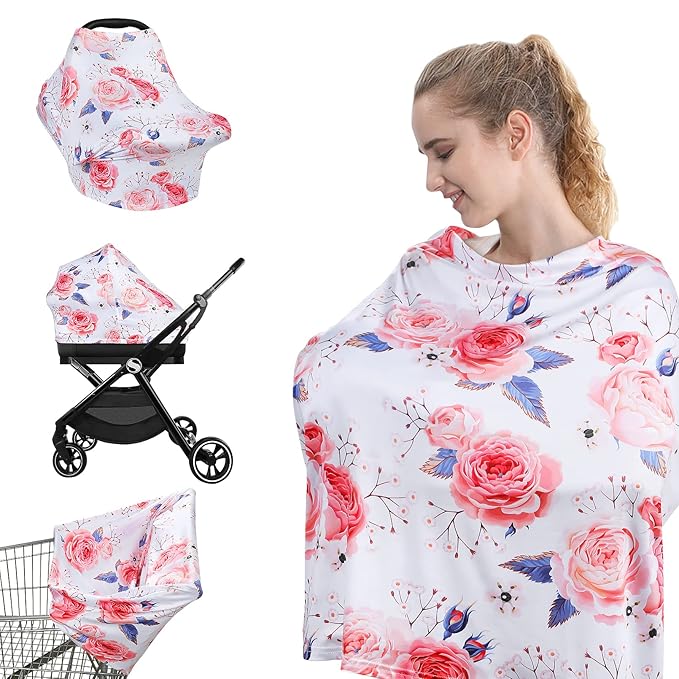 Yoofoss Nursing Cover Breastfeeding Scarf - Baby Car Seat Covers, Infant Stroller Cover, Strechy Carseat Canopy for Boys and Girls (Flower)-BubblyBeeBaby