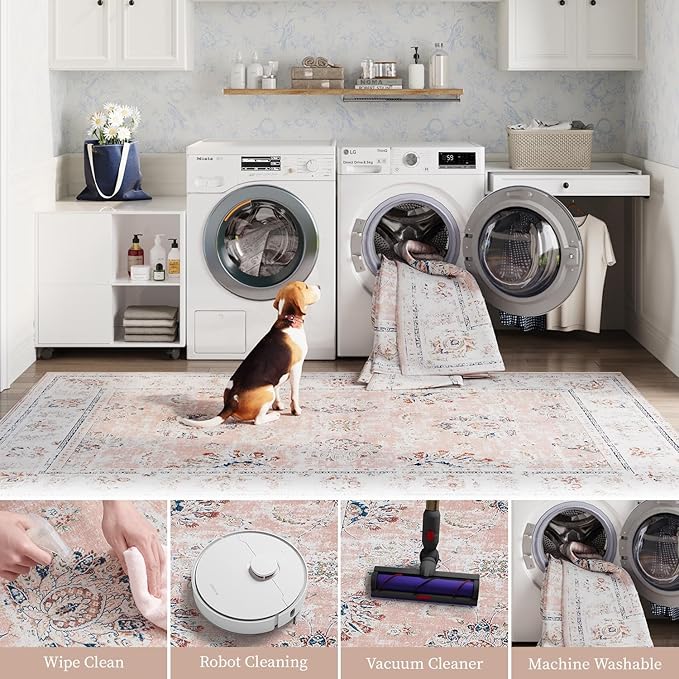 jinchan Hallway Runner Rug 3x8 Machine Washable Runner Rug Pink Vintage Floral Design Non-Slip Low Pile Ultra-Thin for Kitchen Laundry Room Bedroom Farmhouse (3‘x8',Pink)-BubblyBeeBaby