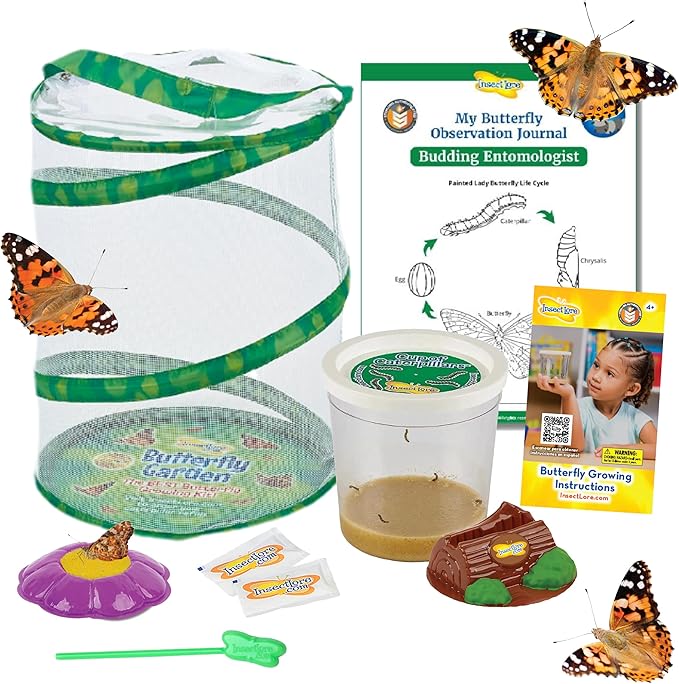 Insect Lore Butterfly Garden Kit - 5 Live Baby Caterpillars, Habitat, Feeder, Chrys-A-Lid Log, STEM Journal Included - Grow, Raise and Release Painted Lady Butterflies-BubblyBeeBaby