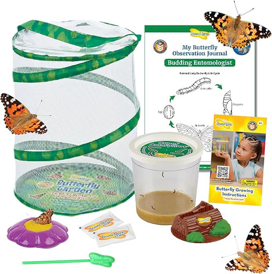 Insect Lore Butterfly Garden with 5 Live Baby Caterpillars - STEM Activity Journal, Habitat, Chrys-A-Lid Holder and Feeder Included | Raise and Release Painted Lady Butterflies-BubblyBeeBaby