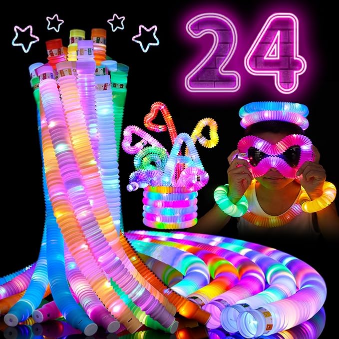 24 PCS LED Pop Tubes, Light Up Glow Tubes, Glow in the Dark Party Supplies, Sensory Toys Birthday Party Favors for Kids, Light Up Toys-BubblyBeeBaby