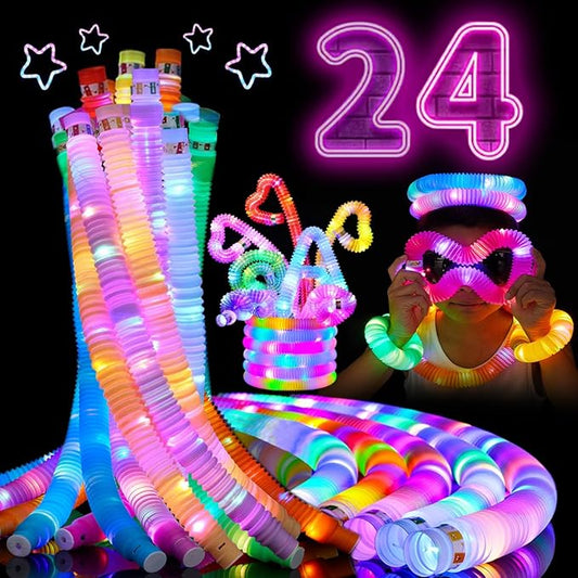 24 PCS LED Pop Tubes, Light Up Glow Tubes, Glow in the Dark Party Supplies, Sensory Toys Birthday Party Favors for Kids, Light Up Toys-BubblyBeeBaby
