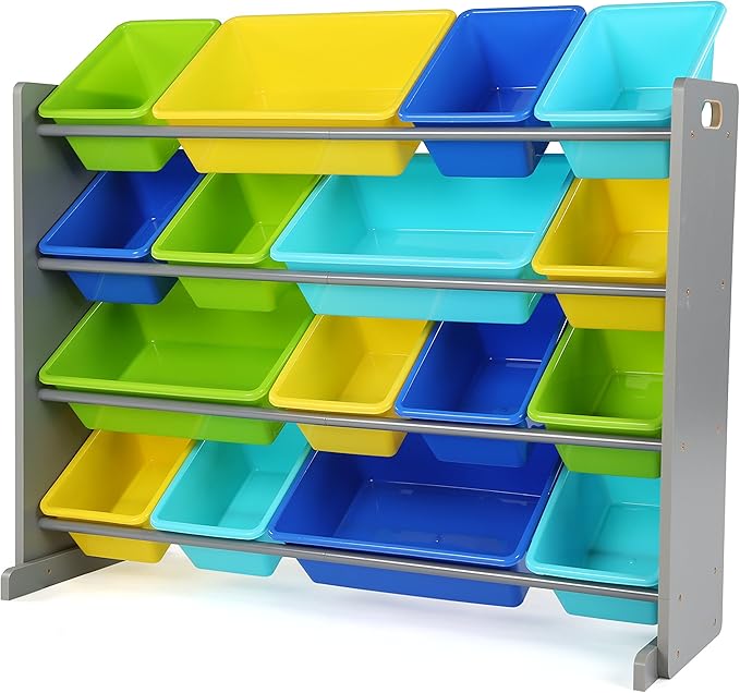 Humble Crew Supersized Toy Storage Organizer with 16 Removable Bins, Grey/Blue/Green/Yellow – Large Toy Storage for Toddlers Ideal for Kids' Rooms, Playrooms, and Nurseries - Modern Toy Bins for Kids-BubblyBeeBaby
