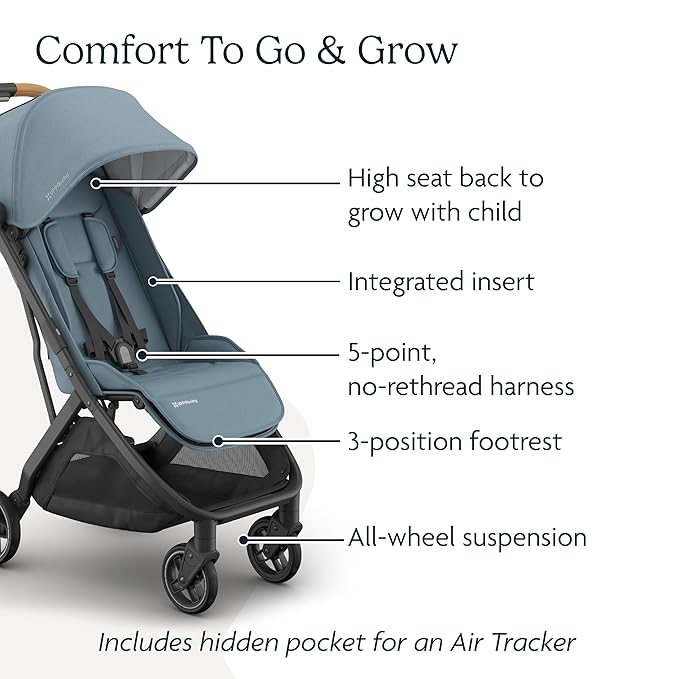 UPPAbaby Minu V3 Travel Stroller | Lightweight + Compact Design | One-Hand Fold + Unfold | from Birth + Overhead Compatible | Dillan (Stone Blue/Carbon Frame/Sand Leather)-BubblyBeeBaby