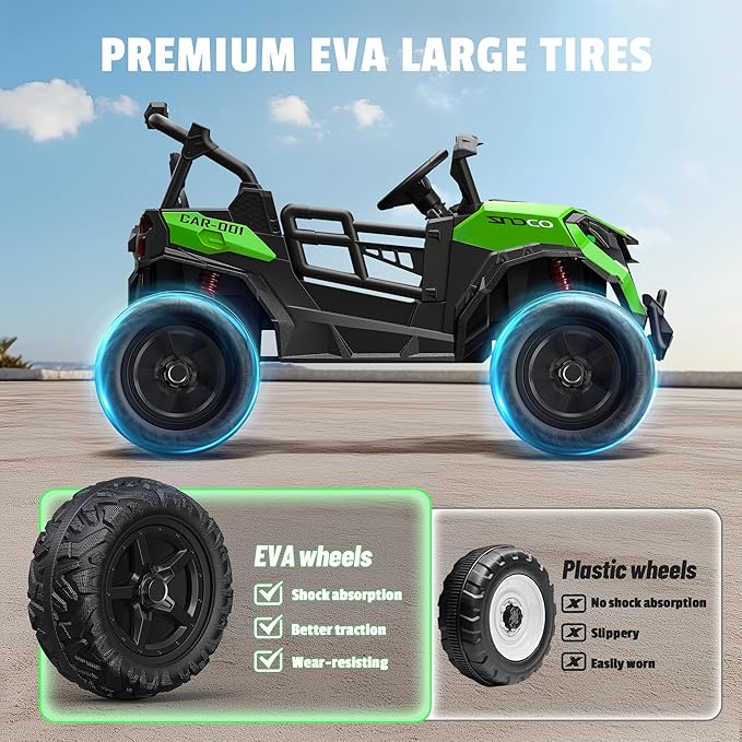 24V 2 Seater Ride on Car Truck, 4x200W, EVA Tires, Remote Control, 4WD/2WD, Rainbow Lights, Shock Absorbers, Bluetooth, Ride On UTV Toy for Kids Ages 3-8, Green-BubblyBeeBaby
