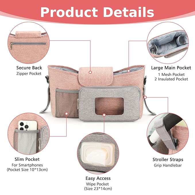 Accmor Universal Stroller Organizer with Insulated Cup Holder, Stroller Caddy Bag Accessories, Stroller Cup Holder Organizer for Uppababy Baby Jogger Britax Stroller, Pink-BubblyBeeBaby