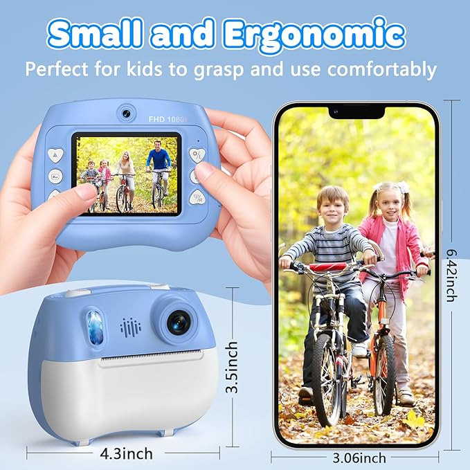 Instant Print Camera for Kids - Front Rear Dual Selfie Kid Print Camera, Fun Birthday Gift for Boys Ages 3-12, HD Digital Video Cameras, Easy to Use for Toddler - Blue-BubblyBeeBaby