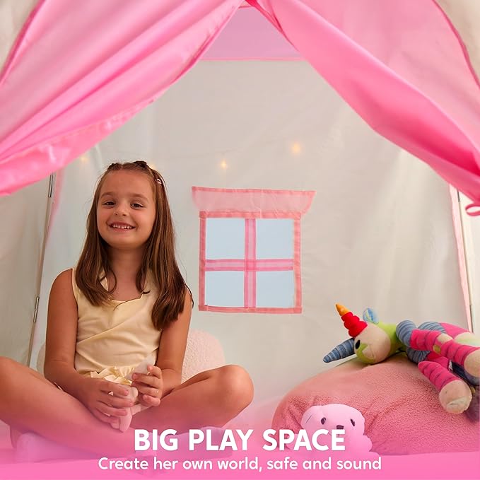 JOYIN Pink Princess Tent for Girls with LED Star Lights-Indoor & Outdoor Large Playhouse Kids Castle Play Tent for Children Indoor and Outdoor Games-BubblyBeeBaby