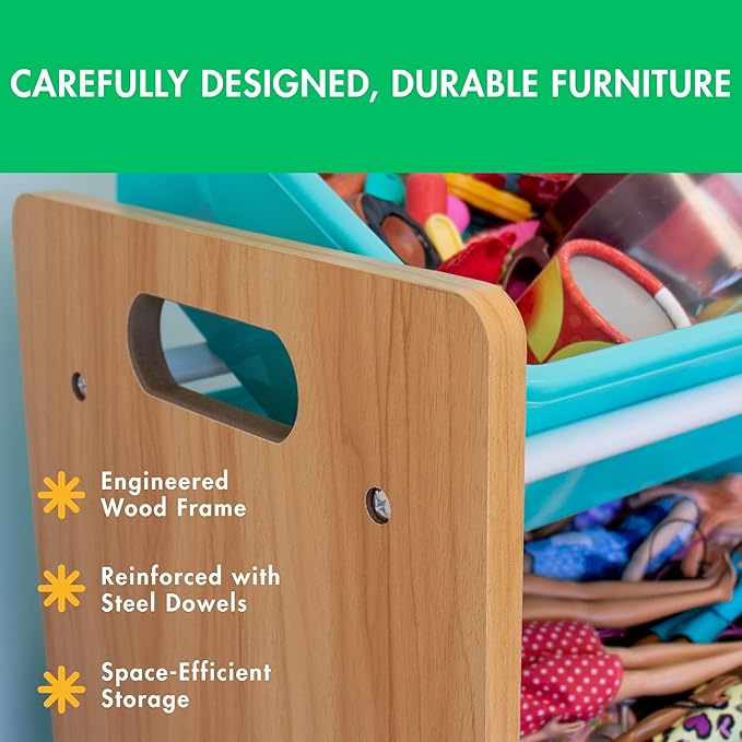 Humble Crew Kids Toy Storage Organizer with 12 Plastic Bins, Natural Wood/Aqua – Removable Bins for Playroom, Bedroom, Toddler Furniture for Boys and Girls Ages-BubblyBeeBaby
