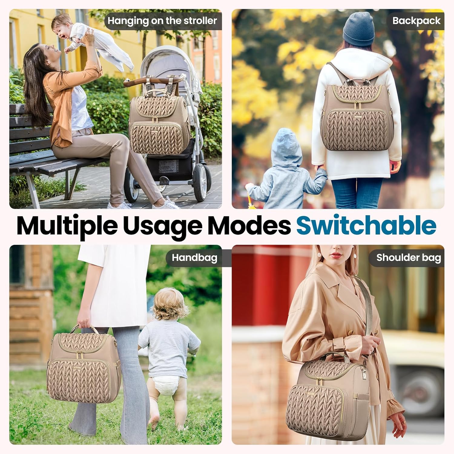 4 in 1 Convertible Diaper Bag Backpack,Waterproof Baby Diaper Bag with Changing Pad,Converts into Baby Tote Bag,Diaper Backpack,Stroller Bag and Crossbody Diaper Bag