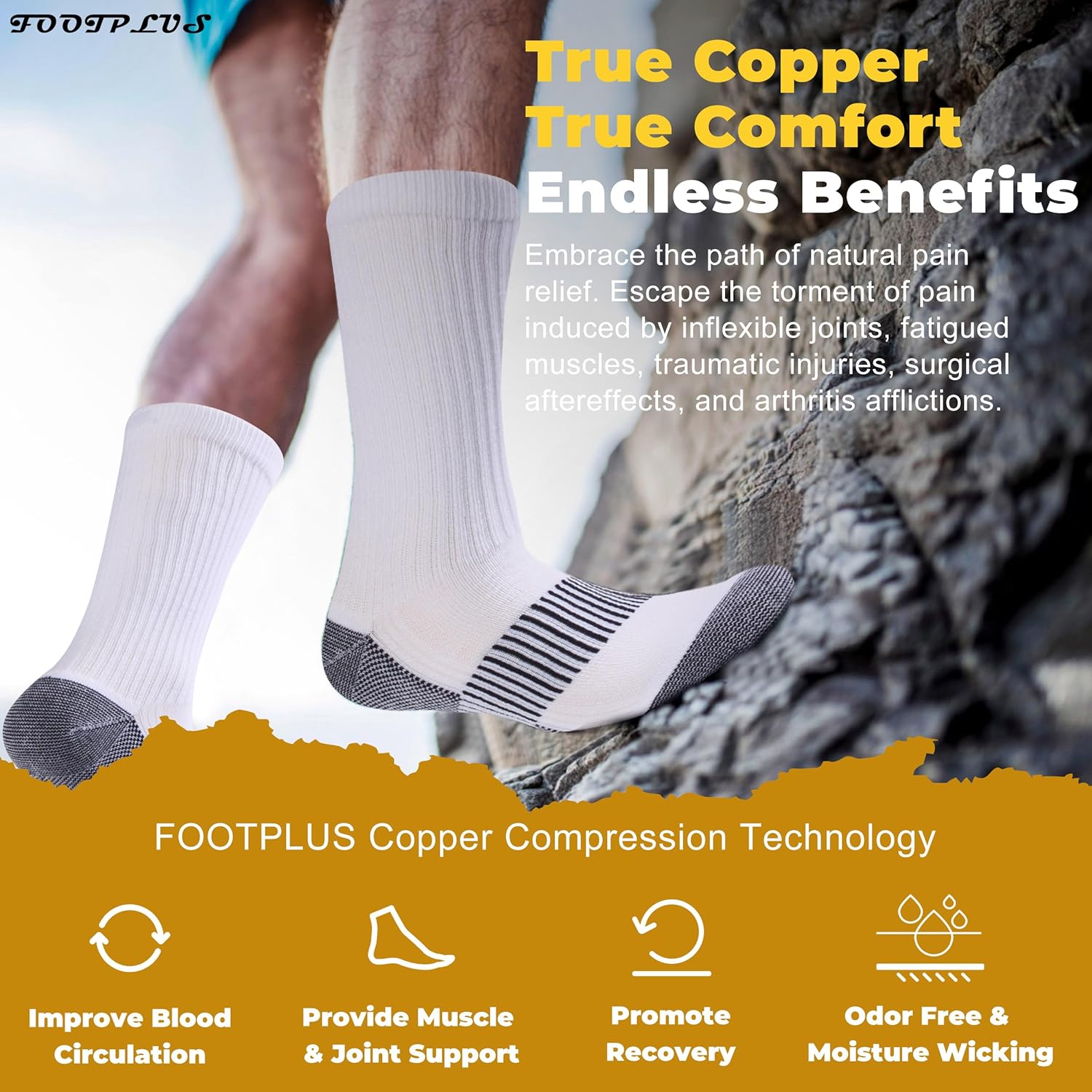 FOOTPLUS Hiking Copper Compression Socks,Unisex Cushioned Sole Arch Support Athletic Crew Running Socks