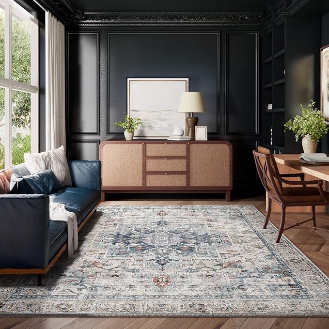 10x14 Area Rugs for Living Room: Washable Bedroom Rug Boho Vintage Rugs Stain Resistant Non Slip Low Pile Soft Lightweight Carpet for Kitchen Dining Room Farmhouse Nursery Kids Room Home Office-BubblyBeeBaby