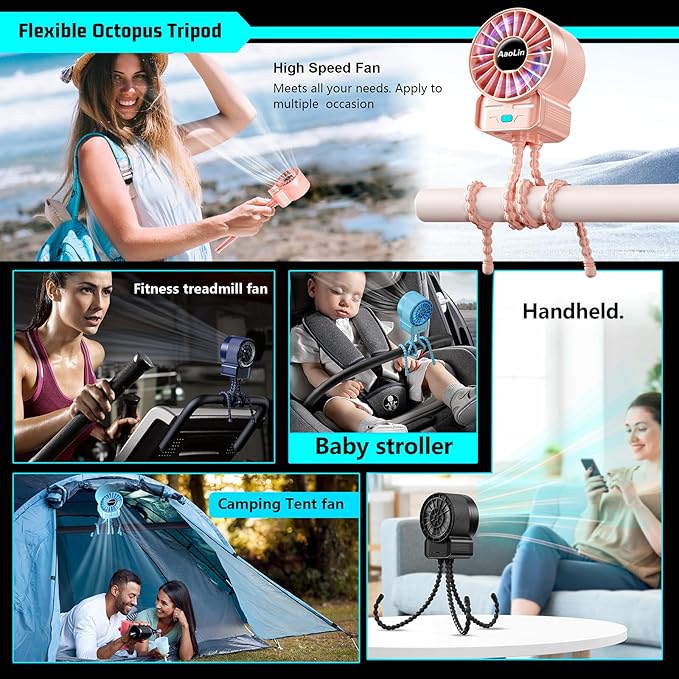 2 Pack Multifunctional Portable Stroller Fan 4 Speed 6600rpm High Speed Usb Rechargeable Personal Mini Handheld Fan Extended Tripod For Desktop Winding Kids Bed Treadmill Bike Golf Cart Outdoor Travel-BubblyBeeBaby