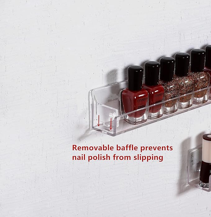 IEEK Nail Polish Rack Wall Mounted Shelf 2 Pack,Clear Kids Wall Bookshelf Acrylic Nail Polish Holder with Removable Anti-Slip End Inserts,2 Tiers Floating Polish Organizer Display 30 Bottles-BubblyBeeBaby