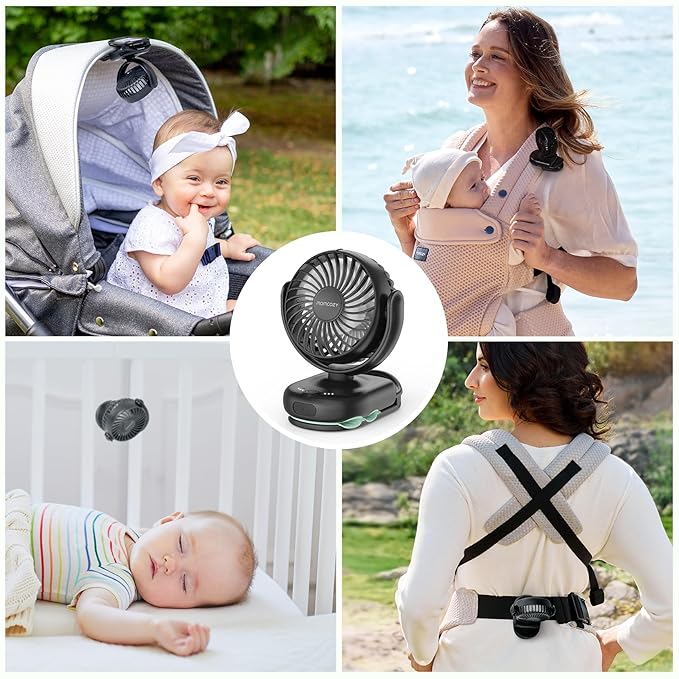 Momcozy Portable Fan with Clip | 4-Speed Mini-Fan for Carrier | Personal Fans Ultra Lighter 0.26lb | Gaps ≤4.5mm | Handheld Cooling | Rechargeable Rotate for Diaper Backpack/Stroller/Carrier/Chair-BubblyBeeBaby