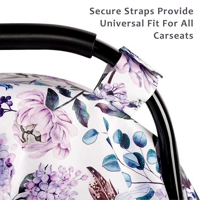 Car Seat Cover Baby, Infant Car Seat Canopy Covers for Newborn Girls Boys, Soft Breathable Mink Carseat Covers Stretchy Multi-Use Nursing Cover for Stroller Baby Car Seat, Purple Flroal-BubblyBeeBaby