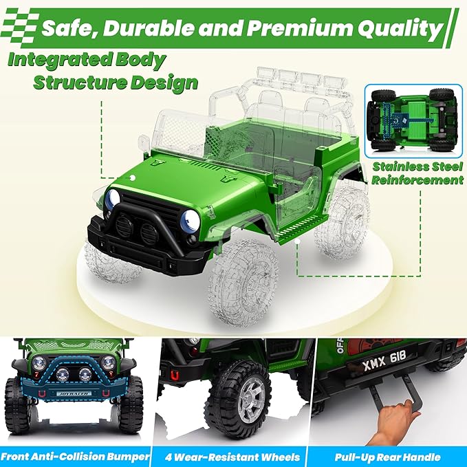 24V 4WD Ride on Truck Car w/800W Motors, Gift Flower, Remote Control, 2 Seaters, Light Bar, 3 Speeds, Pop Music, Power Four Wheels, 24 Volt Ride on Toy Car for Big Kids, Green-BubblyBeeBaby