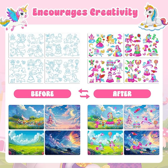 homicozy Art & Craft Activity for Kids-Foil Fun Unicorn & Princesses,No Mess Art Crafts for Girls,DIY Foil Foam Stickers,Creative Activity Kits,Kids Travel Toys,Gifts for Girls & Boys Ages 4-10-BubblyBeeBaby