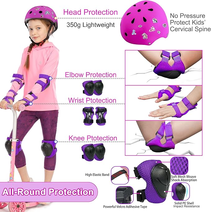 Kids Bike Helmet with DIY Stickers and Knee Pads Elbow Pads Wrist Guard Set for Ages 3-8-14 Toddler Boys Girls Helmet for Roller Skates Cycling Skateboarding Bicycle Scooter-BubblyBeeBaby