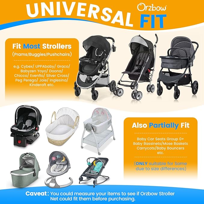 Orzbow 2-in-1 Baby Mosquito Net with UPF50+ Sunshade for Stroller, Breathable Stroller Mosquito Netting Privacy Cover with Two-Way Zipper & Storage Bag for Bassinet, Carrycot & Car Seat, Black-BubblyBeeBaby