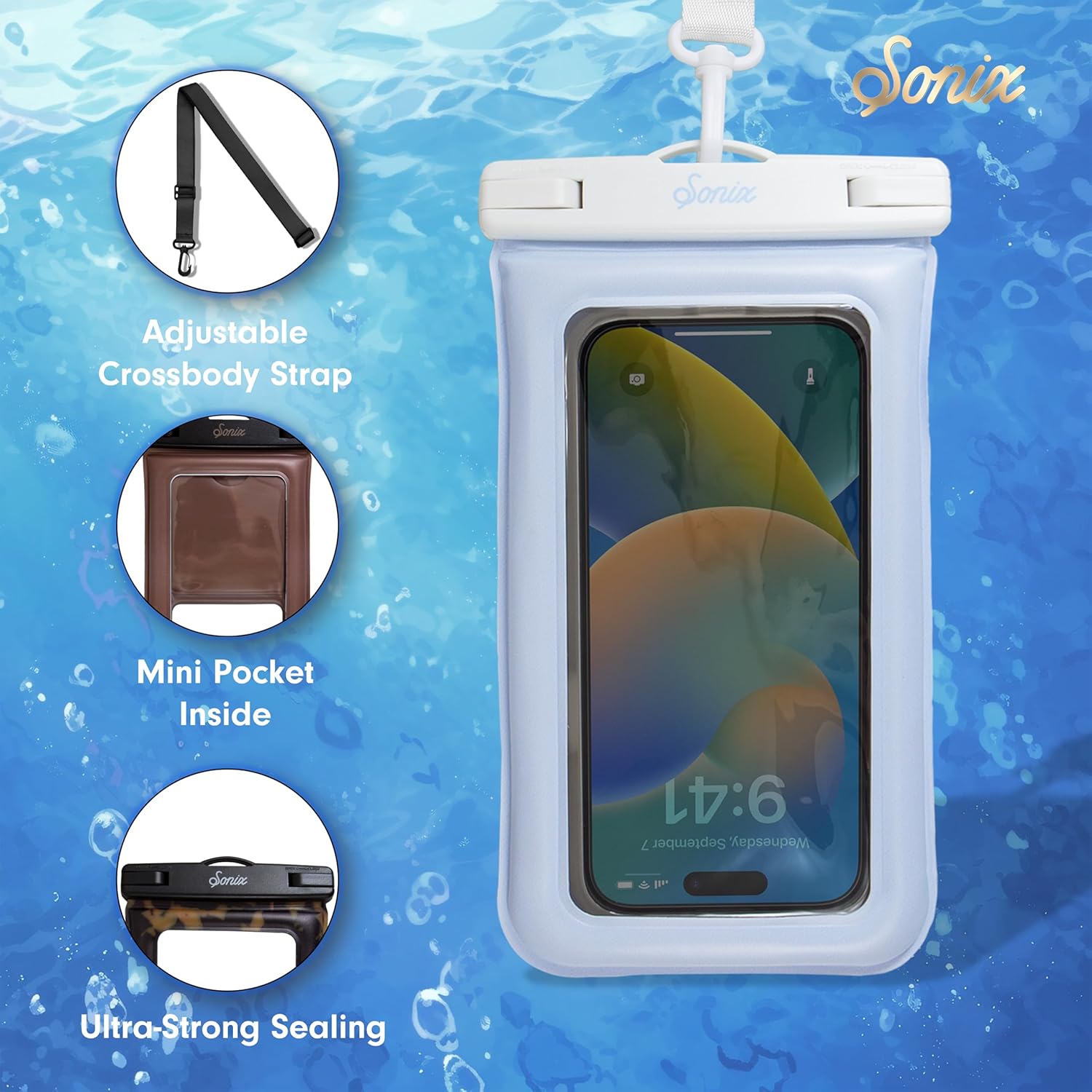 Sonix Waterproof Phone Pouch - Floating Phone Case Dry Bag w/Crossbody Lanyard - Beach Cruise Travel Essentials - Compatible w/All Devices, Touchscreen Friendly | Jelly Blue
