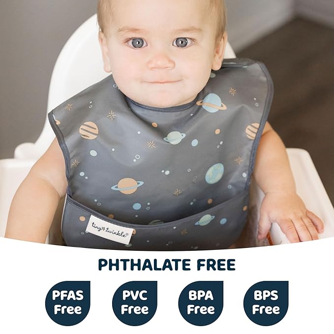 Tiny Twinkle Mess Proof Baby Bibs for Eating - Waterproof, Wipeable Bibs - Toddler Bibs - Travel Friendly - PFAS, PVC, BPA, Phthalate Free - Baby Food Bibs(3 Pack, Space)-BubblyBeeBaby