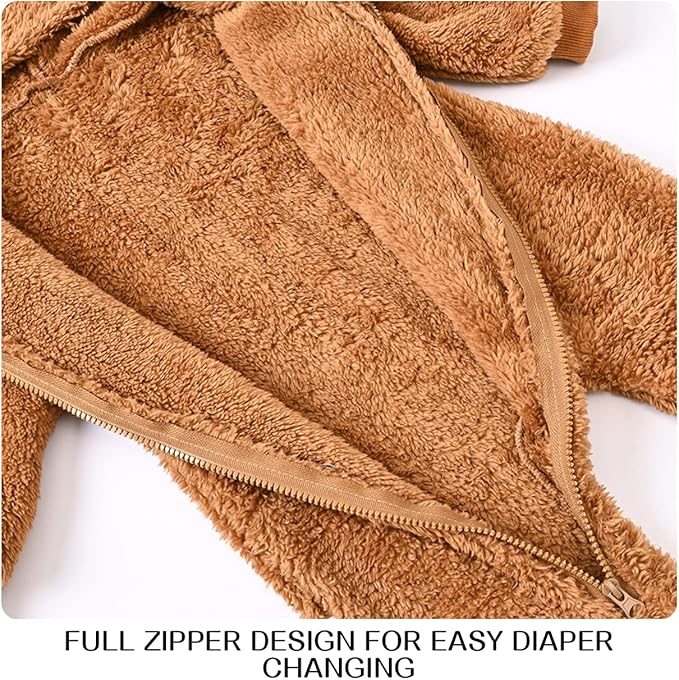 Baby Fleece Jumpsuits Infant Bear Ear Snowsuit Newborn Hooded Romper Warm Coat-BubblyBeeBaby