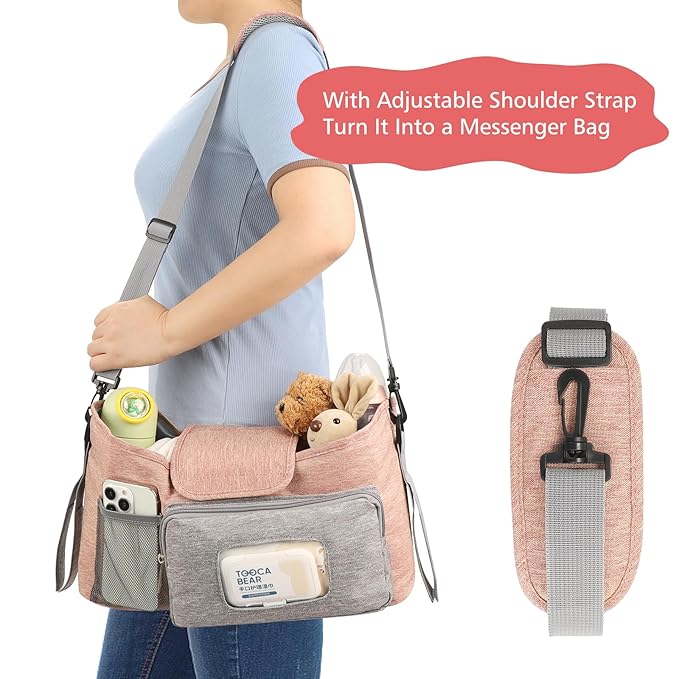 Accmor Universal Stroller Organizer with Insulated Cup Holder, Stroller Caddy Bag Accessories, Stroller Cup Holder Organizer for Uppababy Baby Jogger Britax Stroller, Pink-BubblyBeeBaby