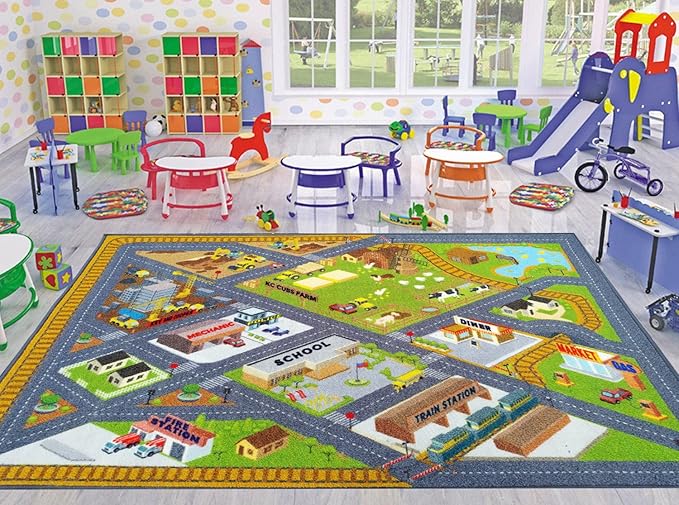 KC Cubs 8x10 Country Farm Construction Car Road Street Rug – Educational Carpet Play Mat for Kids, Toddlers Nursery, Classroom, Playroom, Baby Daycare-BubblyBeeBaby