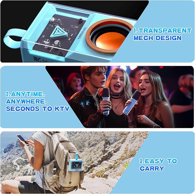 Karaoke Machine for Kids & Adults, Portable Bluetooth Mini Karaoke Speaker with 2 Wireless Microphone and Lights, Birthday Gifts for Girls & Boys, Toys for Girls, Family Home Party (Sky Blue)-BubblyBeeBaby