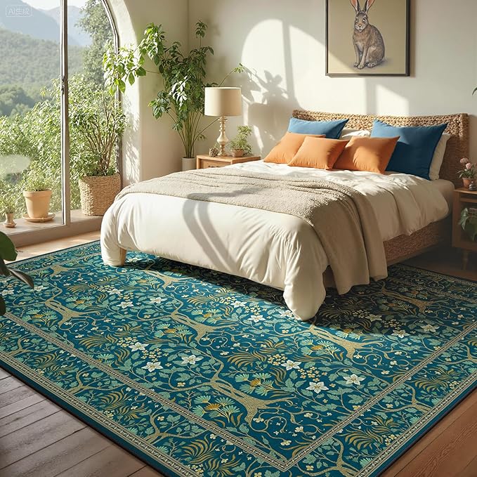 Joydeco Washable Large Area Rug 8x10, Boho Floral Rugs for Living Room Non Slip, Soft Low-Pile Botanical Forest Indoor Floor Throw Carpet for Dining Home Office Playroom, Dark Blue-BubblyBeeBaby